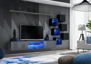 Obývací stěna SWITCH XXI, grafit matná a grafit lesk / černá matná a černý lesk