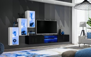 Obývací stěna SWITCH XXII, bílá matná a bílý lesk / černá matná a černý lesk
