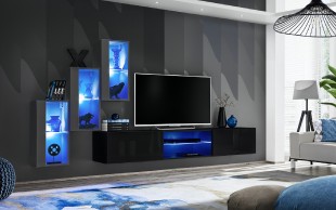 Obývací stěna SWITCH XXII, grafit matná a grafit lesk / černá matná a černý lesk
