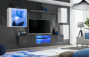 Obývací stěna SWITCH XXIII, bílá matná a bílý lesk / grafit matná a grafit lesk