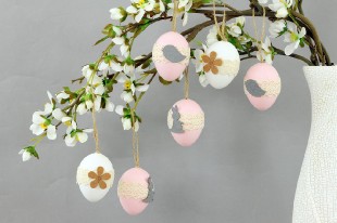 Vajíčka plastová 6 cm, dekorace na zavěšení s dekorem kytičky, 6 kusů v sáčku, c VEL810481