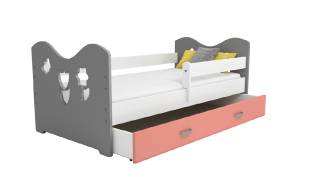Dětská postel Miki 80x160 B2, šedá/růžová + rošt, matrace, úložný prostor