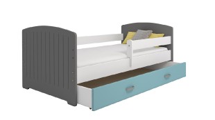 Dětská postel Miki 80x160 B5, šedá/bílá/modrá + rošt, matrace, úložný prostor